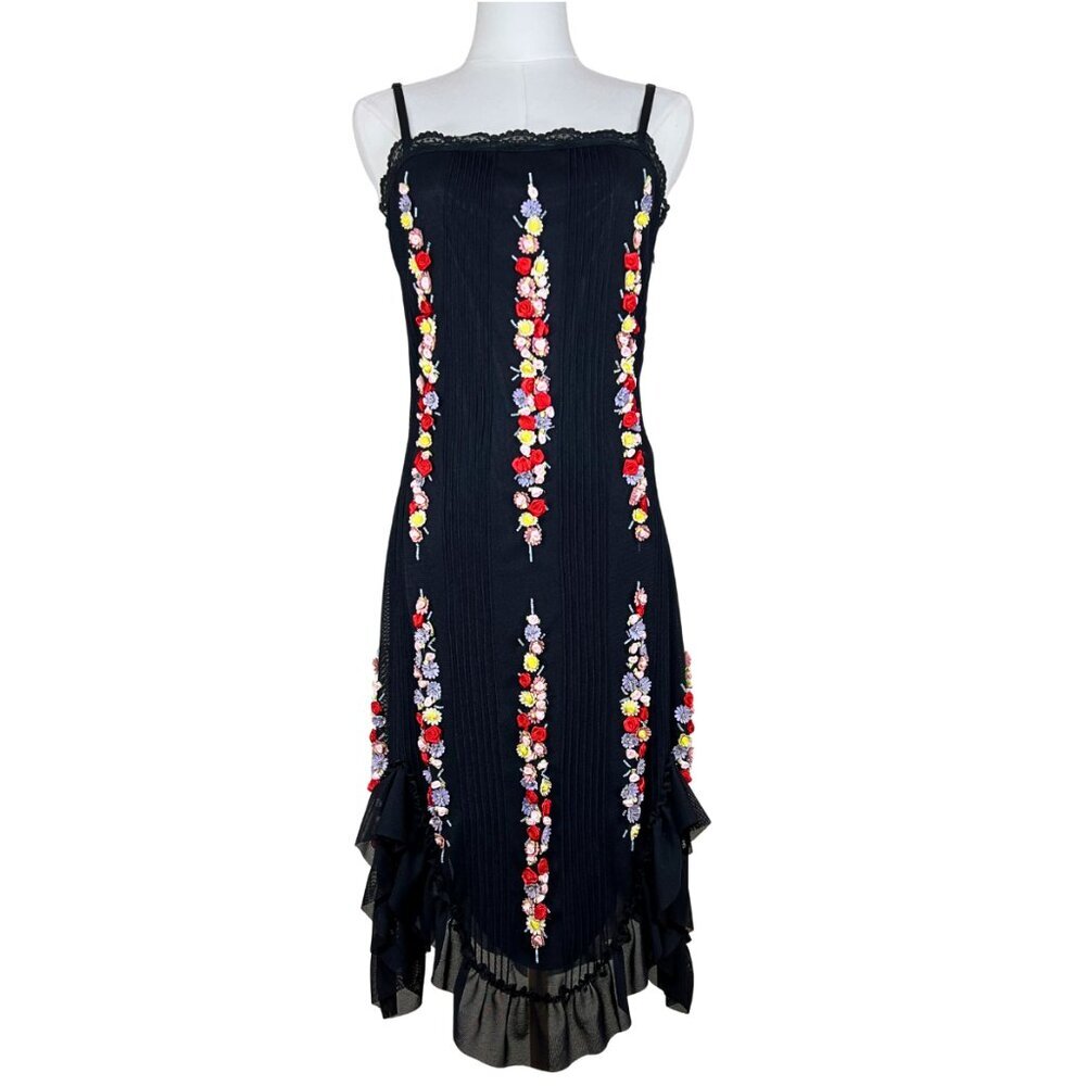 Vintage Sue Wong Black Dress with Colourful Floral Embroidery Beading 1990s NWT